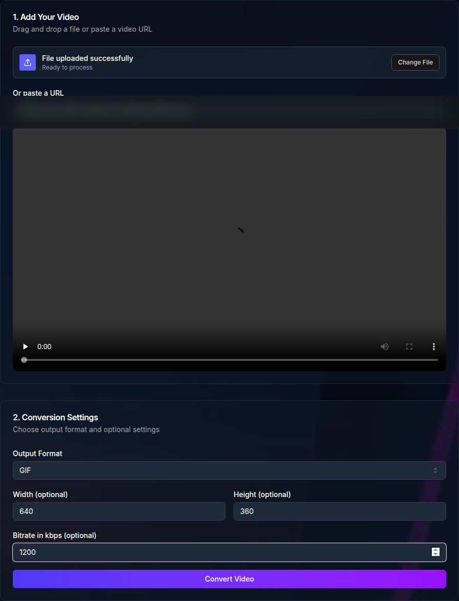 Video to GIF tool configured with a sample video URL