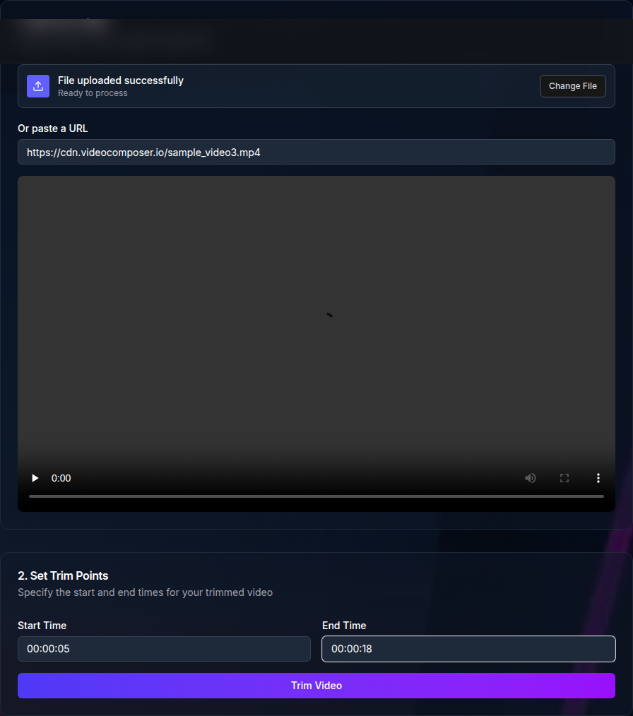 Video trimmer tool with start and end times filled in